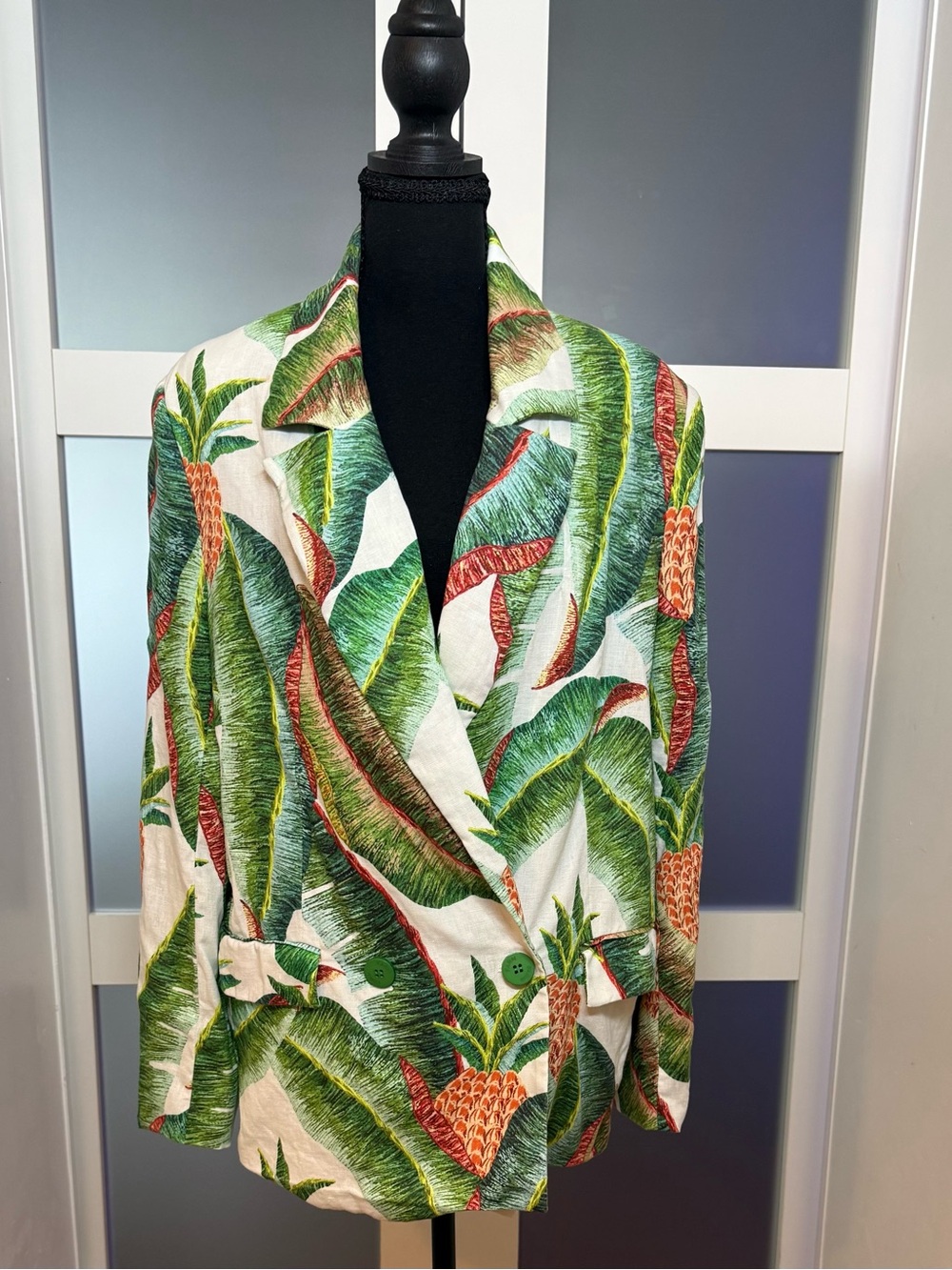 FARM Rio Forrest Palm Linen Blazer, size Medium.